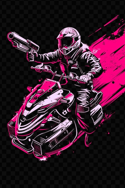 Hoverbike rider con una pistola laser in una posa veloce thrille t-shirt design art tattoo ink outlines