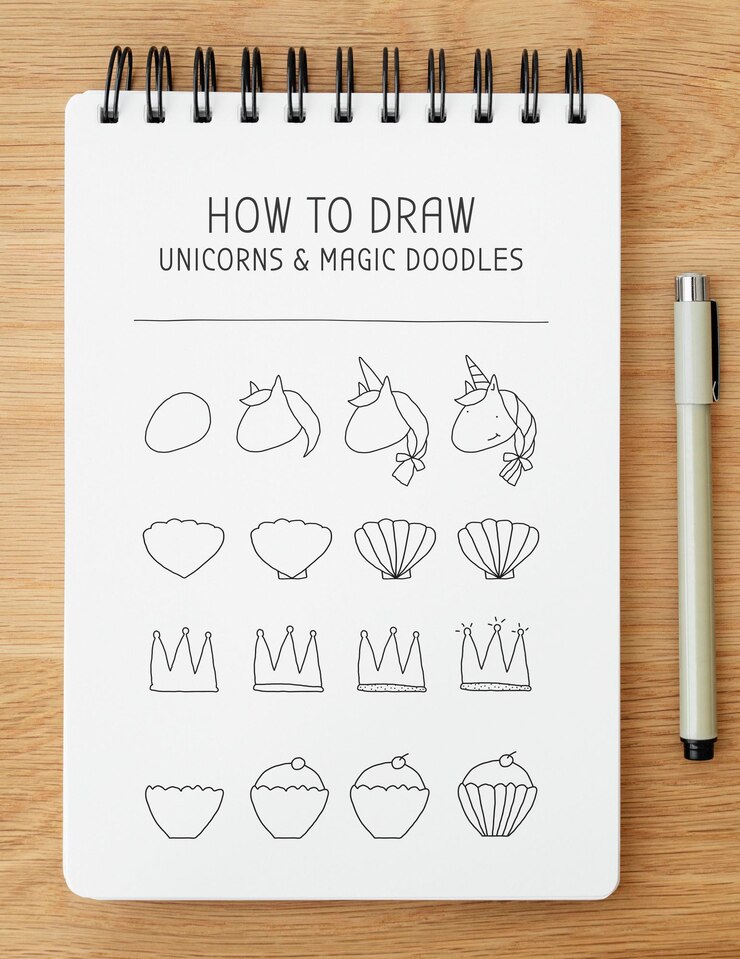 PSD how to draw unicorns and magic doodles tutorial on a white paper mockup