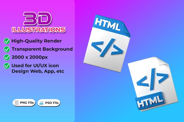 PSD html file type 3d rendering on transparent background ui ux icon design web and app trend