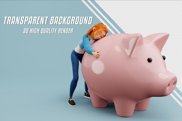 PSD hugging piggybank 3d female in casual cloths blue background