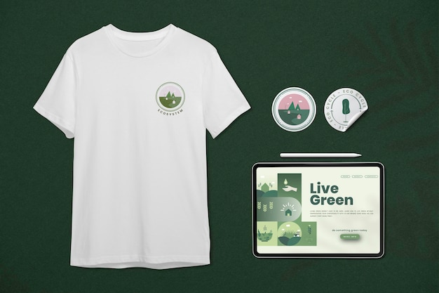 Huisstijl psd mockup set met t-shirt, tablet en sticker