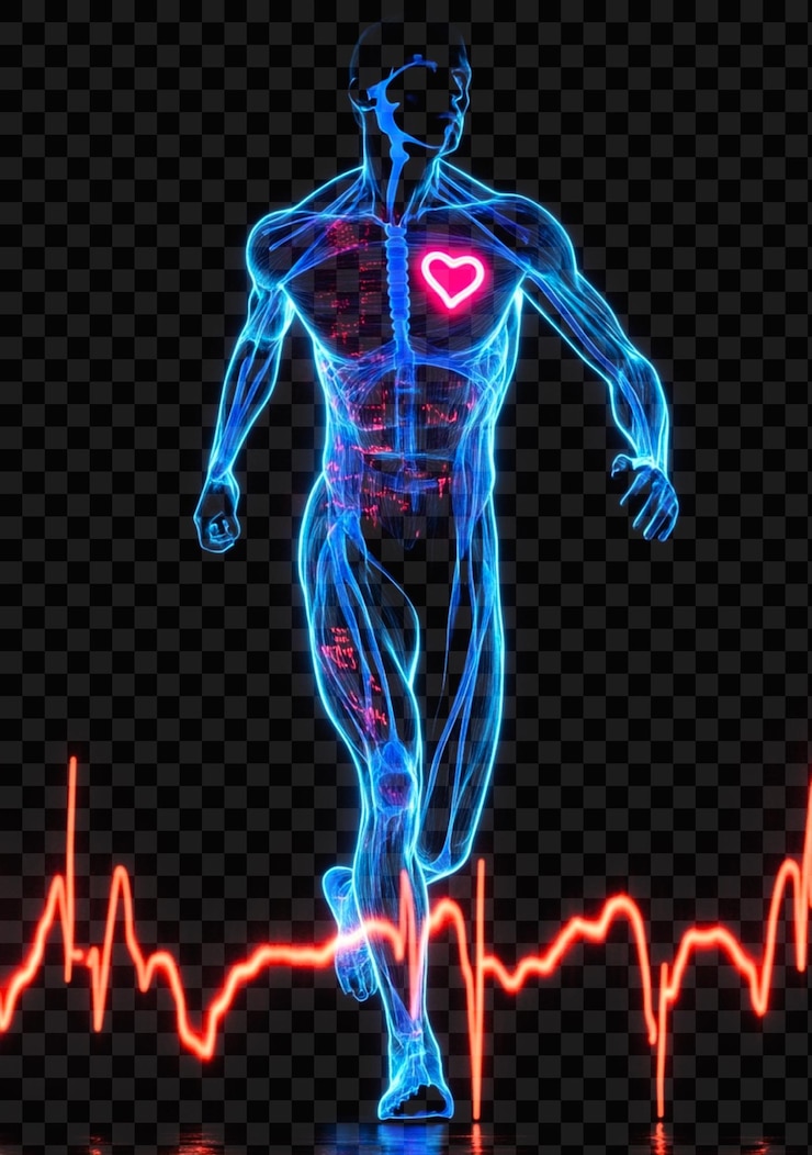 PSD human figure running with blue veins on transparent background