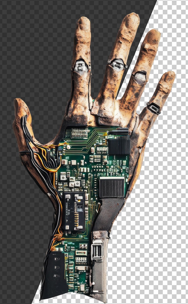 PSD human hand combining technology and circuitry cut out stock png