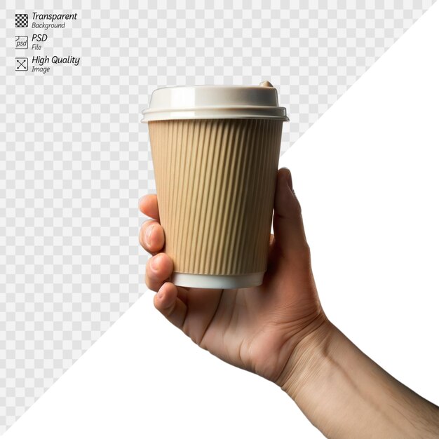 PSD human hand holding a disposable coffee cup on clear background