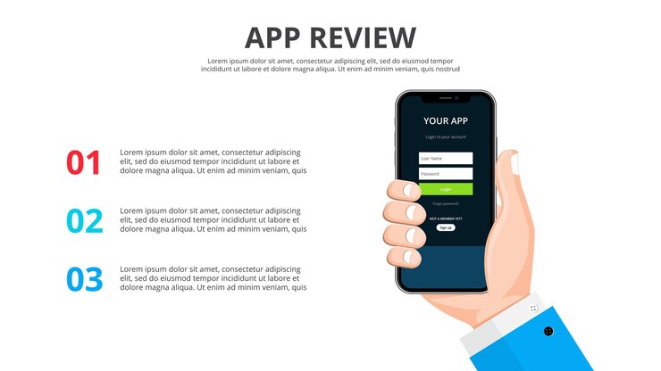 PSD human hand holds a smartphone app review concept