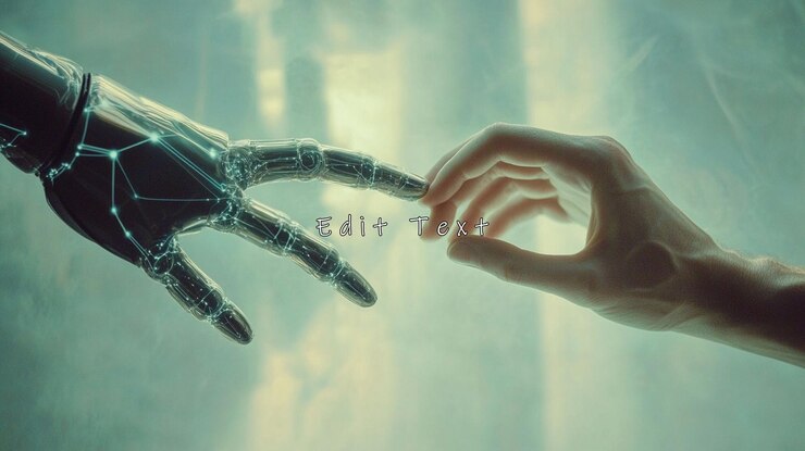 PSD human hand and robotic hand reaching out to touch