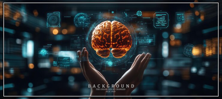 PSD human hands holding a glowing 3d brain model against a digital background