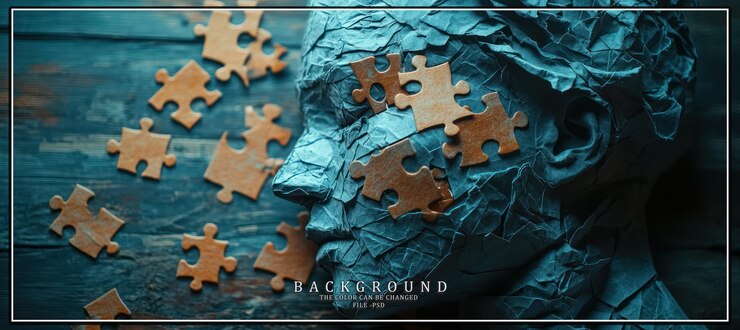 PSD a human head made of crumpled paper with puzzle pieces on top