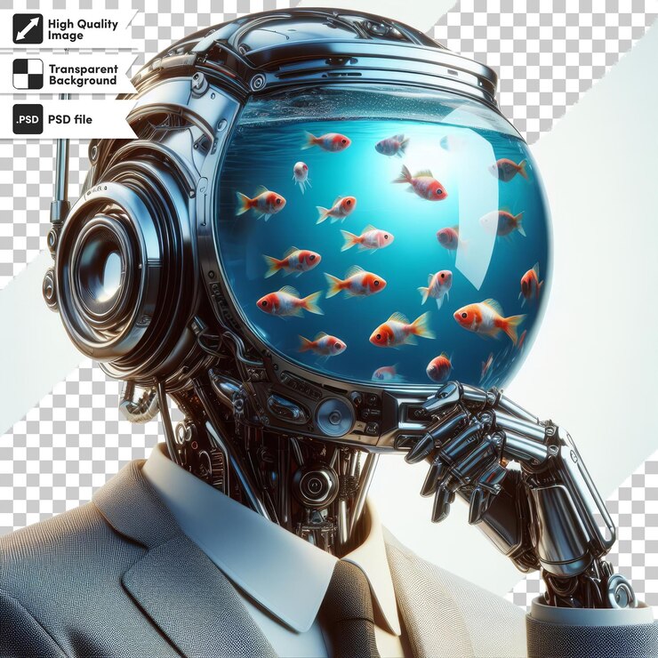 PSD a human head with a fish tank and a camera in the background