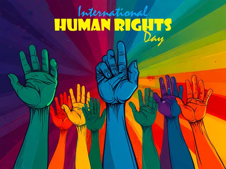 PSD human rights day concept people raised their hand with colorful background
