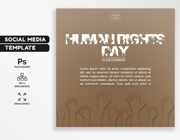 Human Rights Day with hands social media post design, hand mask, editable psd template, 10 December