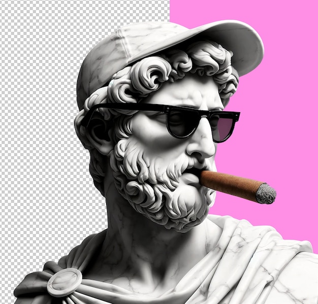 Human sculpture statue wearing a cap and smoking a cigar on a transparent background