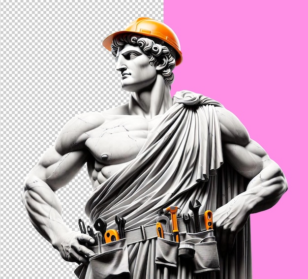 PSD human sculpture statue worker man engineer construction worker handyman in a safety helmet on a tran