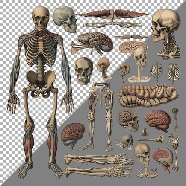 PSD anatomia dello scheletro umano organi stile adesivo su sfondo trasparente ai generato