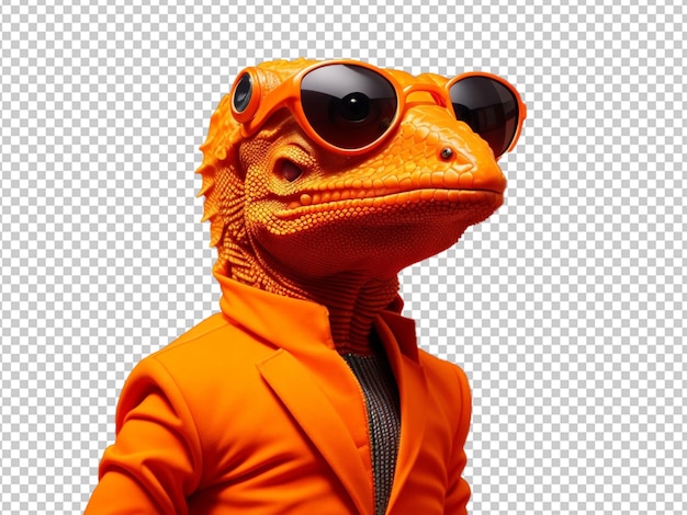 A humanoid lizard wearing a bright orange