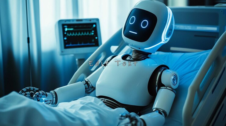 PSD a humanoid robot lies in a hospital bed connected to medical equipment