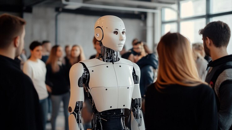 PSD humanoid robot surrounded by people in a modern setting