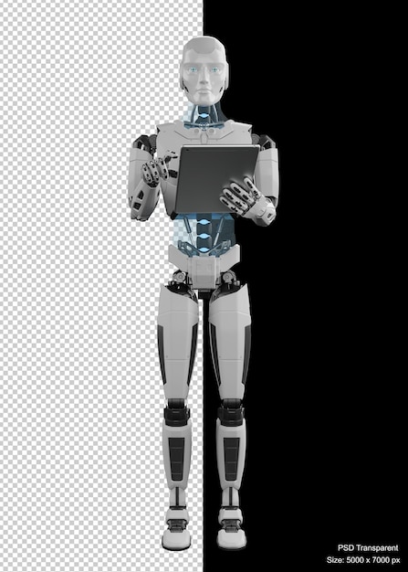 PSD humanoidalny robot trzymający cyfrowy tablet 3d render na białym tle