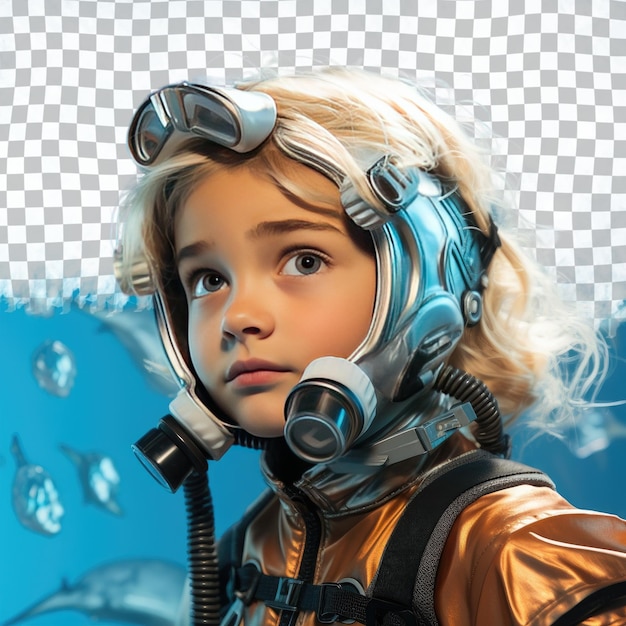 PSD a humble child girl with blonde hair from the aboriginal australian ethnicity dressed in diving underwater attire poses in a sideways glance style against a pastel blue background