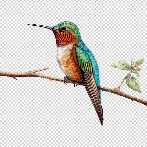 PSD hummingbird on branch isolated on transparent background