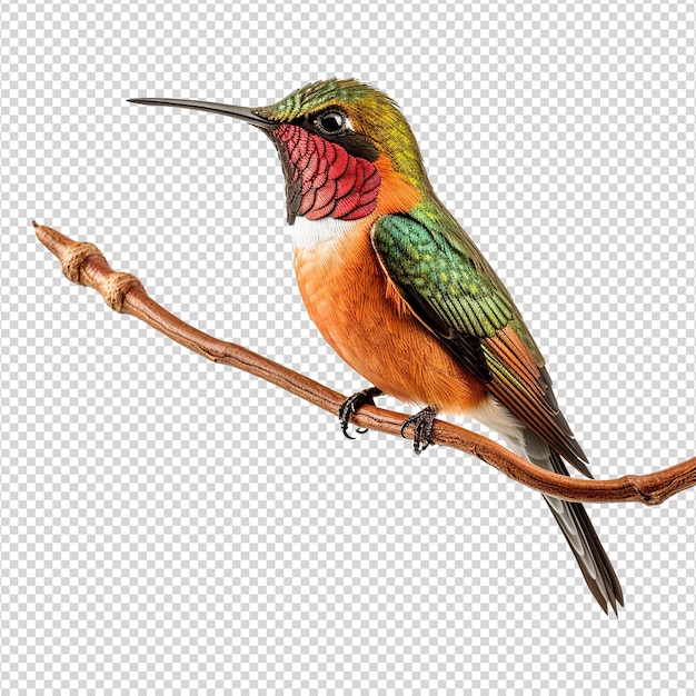 PSD hummingbird on branch isolated on transparent background
