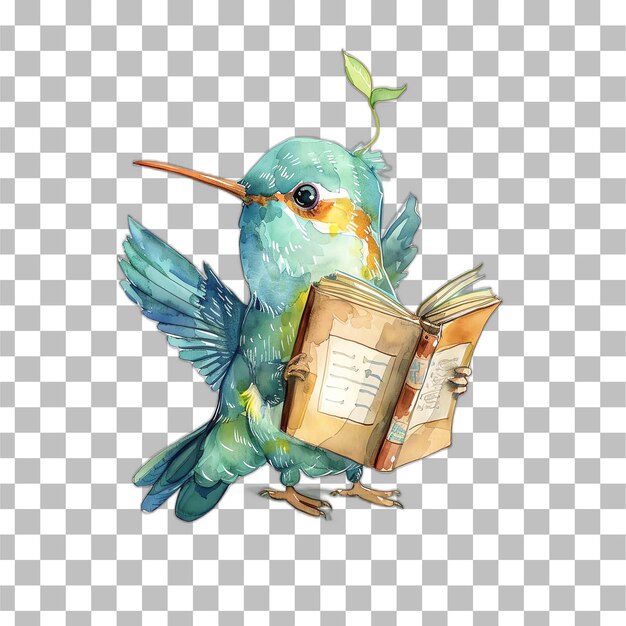 PSD hummingbird cute animal reading from book for nursery