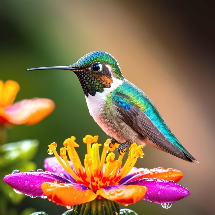 PSD a hummingbird sits on a flower with colorful flowers