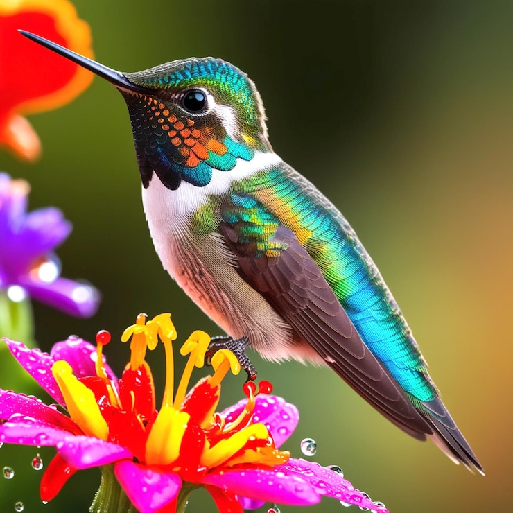 PSD a hummingbird sits on a flower with colorful flowers
