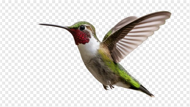 A hummingbird with a green head and wings spread