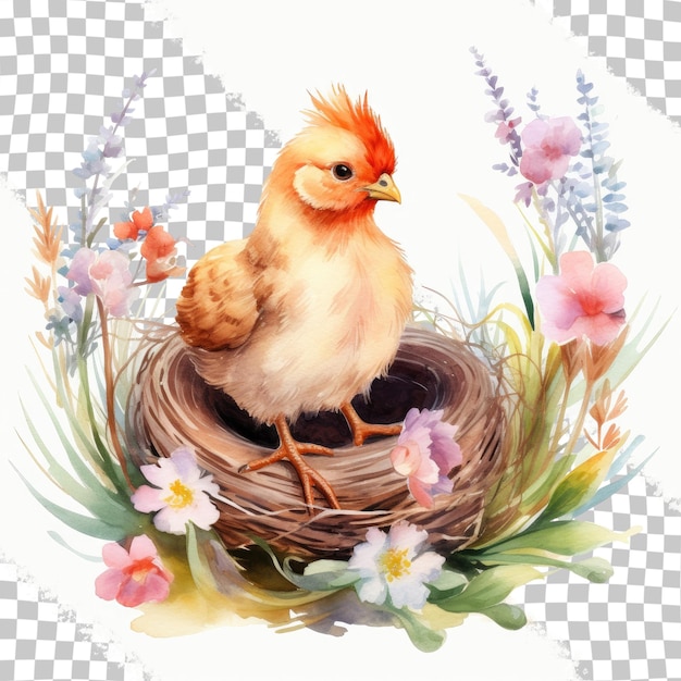 PSD humorous chicken surrounded by nature elements watercolor artwork for easter celebration design element for card invitation isolated on transparent background