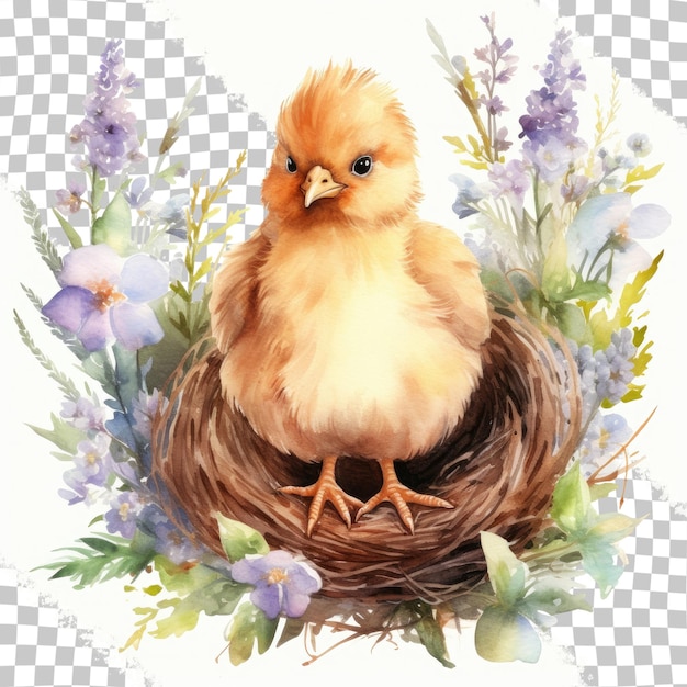 PSD humorous chicken surrounded by nature elements watercolor artwork for easter celebration design element for card invitation isolated on transparent background