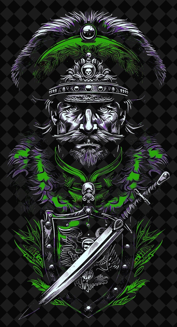 PSD hungarian warrior portrait with moustache and fur hat holdin png illustration character designs