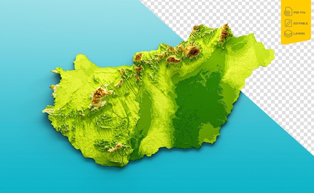 PSD mappa dell'ungheria rilievo ombreggiato colore altezza mappa su sfondo blu mare illustrazione 3d