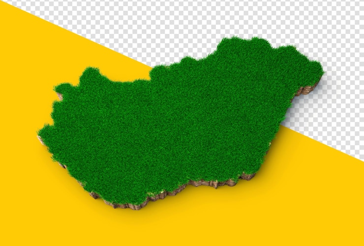 PSD hungary map soil land geology cross section with green grass and rock ground texture 3d illustration