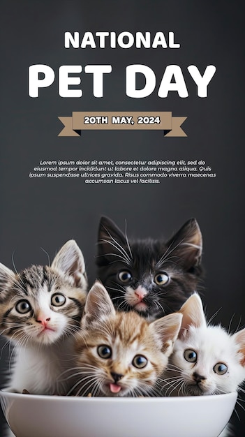 PSD hungry kittens gather to eat five cats sitting excited national pet day concept