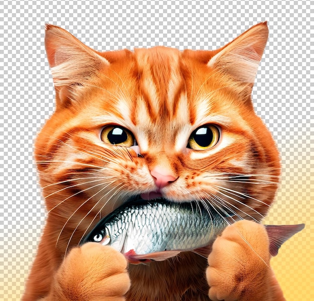 PSD a hungry red cat holds a fish in its paws and eats it on a transparent background