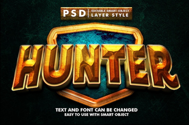 모험 게임 프리미엄 Psd를 위한 Hunter 3d 텍스트 효과