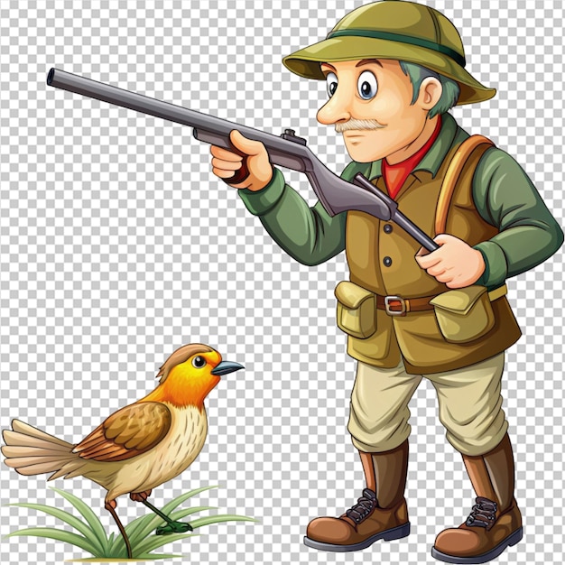 PSD hunter looking at a bird cartoon on transparent background