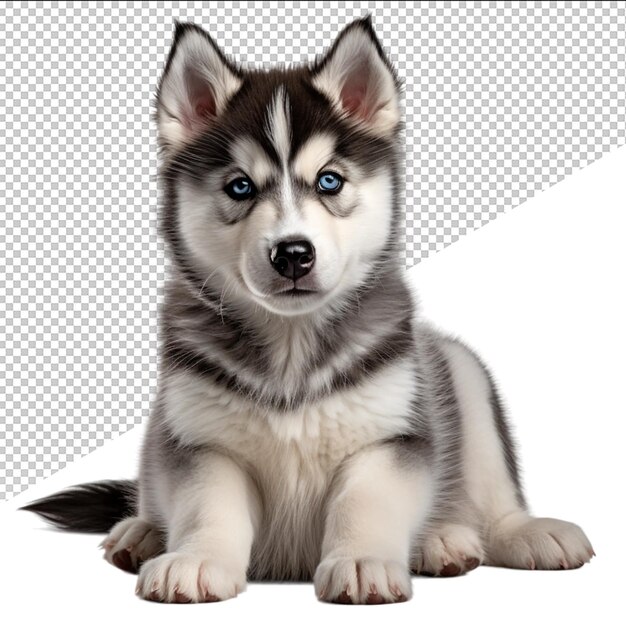 PSD a husky puppy that is sitting on a white background