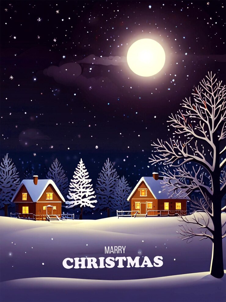 PSD huwelijk kerstfeest poster met een huis en kerstmaan