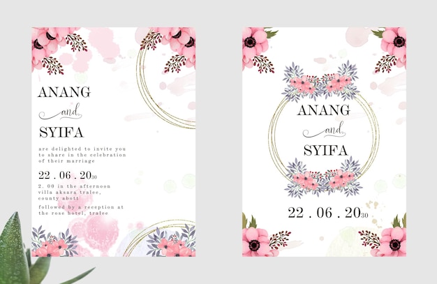 Huwelijksuitnodiging set met abstracte en roze bloem aquarel achtergrond