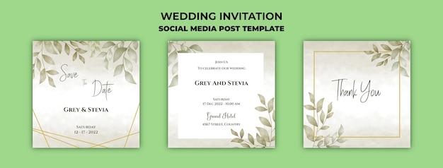 Huwelijksuitnodiging social media postsjabloon met handgeschilderd bloemenframe