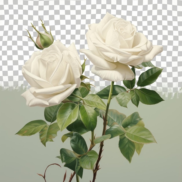 PSD hybrid tea rose with white petals and green leaves on transparent background