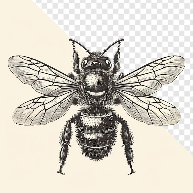 PSD hyper detailed black and white bee vector illustration transparent background