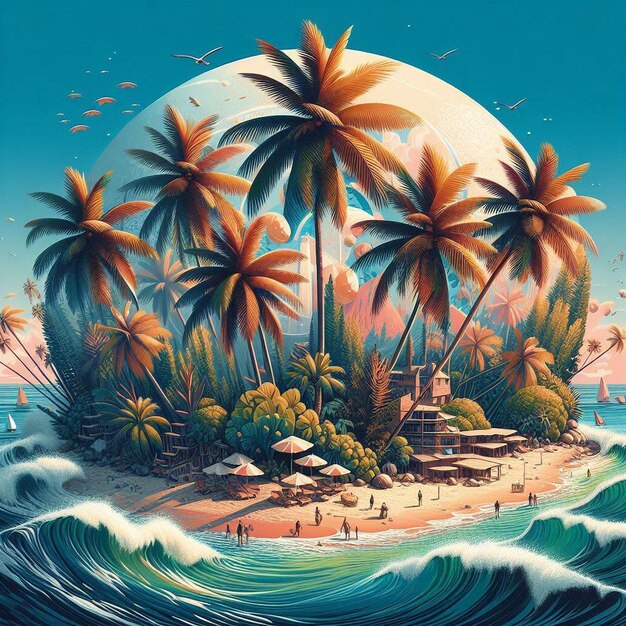 Hyper realisitc vector art coconut palmtree beach scene caribbean sunset backdrop wallpaper pic