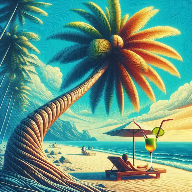 PSD Гиперреалистическое векторное искусство кокосовая пальма пляжная сцена карибский закат фон обоев
