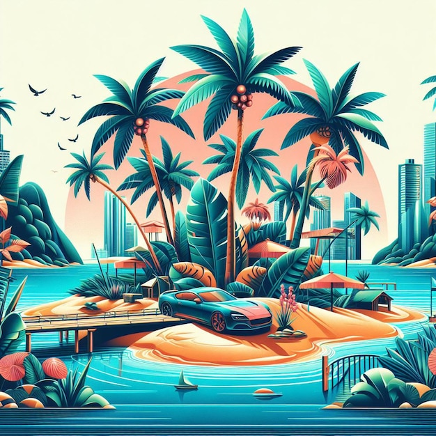 PSD hyper realisitc vector art coconut palmtree beach scene caribbean sunset backdrop wallpaper pic