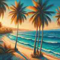 PSD hyper realisitc vector art coconut palmtree beach scene caribbean sunset backdrop wallpaper pic