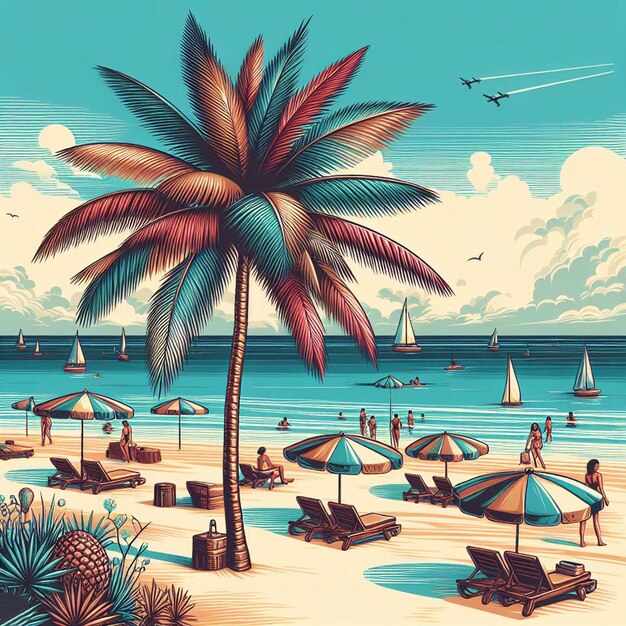 PSD hyper realisitc vector art coconut palmtree beach scene caribbean sunset backdrop wallpaper pic