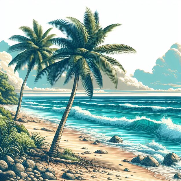 PSD hyper realisitc vector art coconut palmtree beach scene caribbean sunset backdrop wallpaper pic